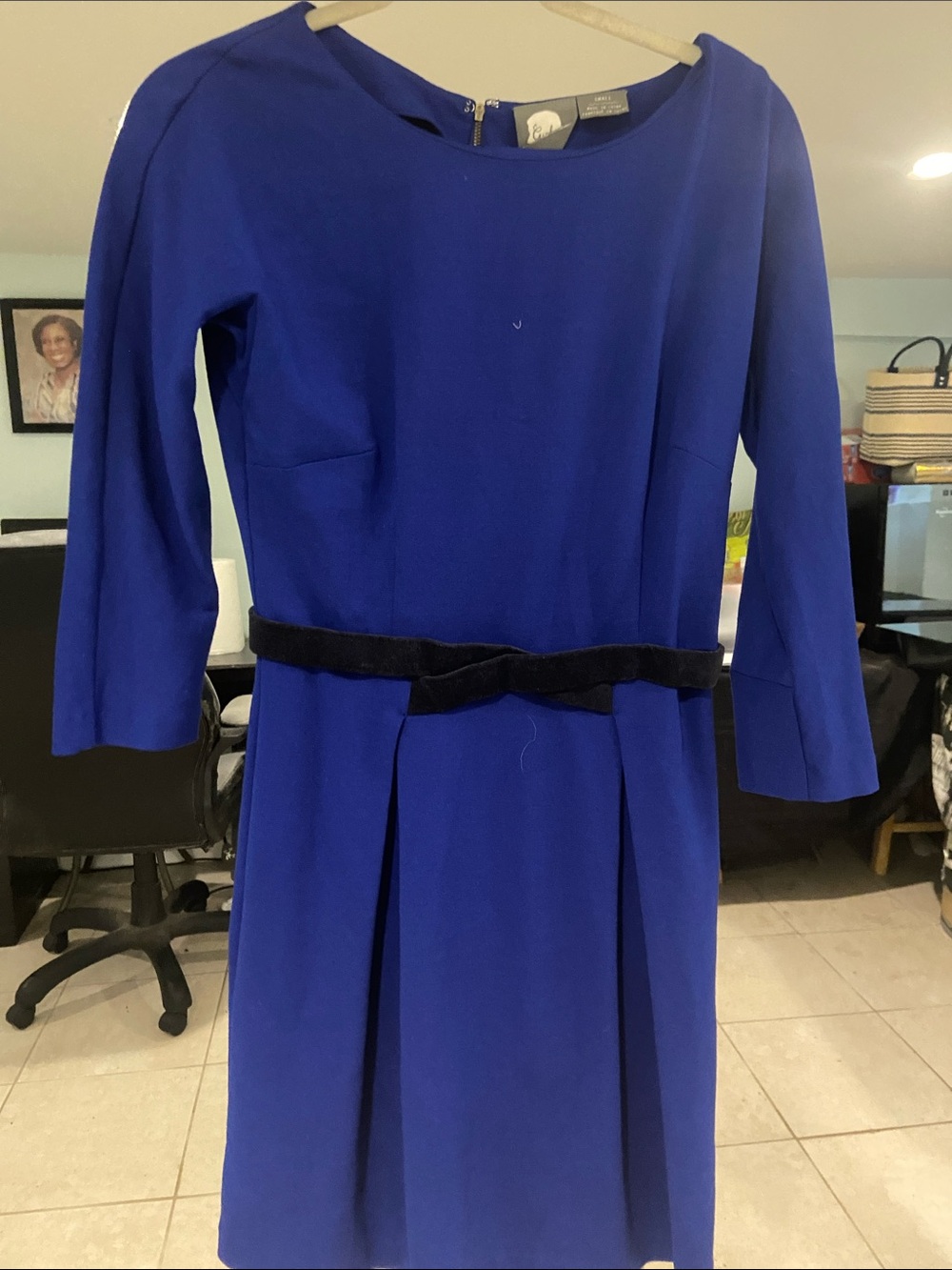 Blue Long Sleeve Sheath Dress with Velvet Waist Detail